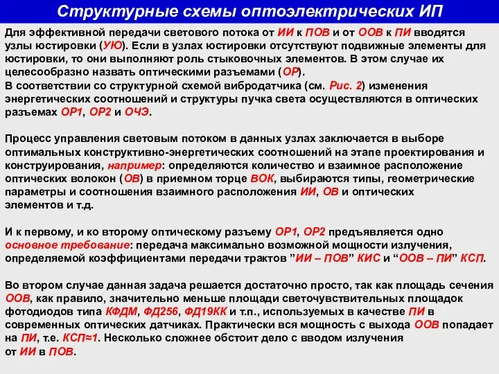 Структурные схемы оптоэлектрических ИП Для эффективной передачи светового потока от ИИ к