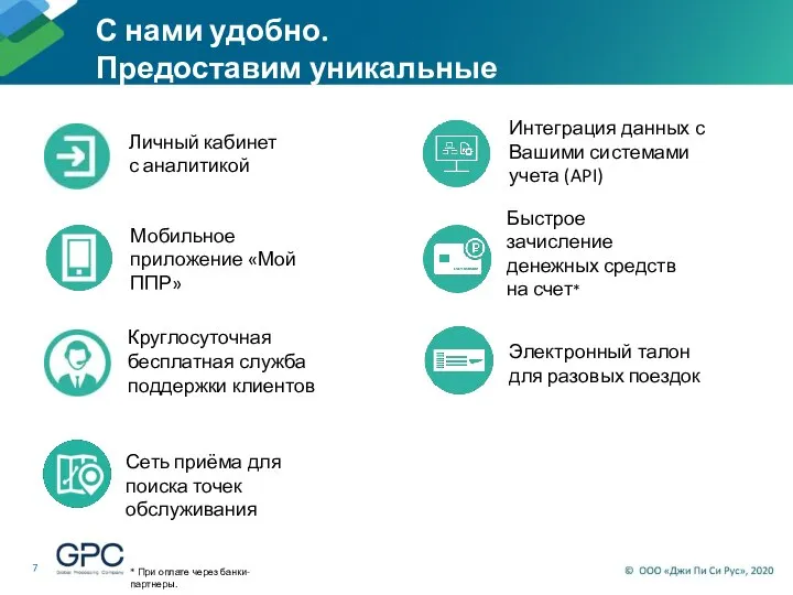 7 С нами удобно. Предоставим уникальные сервисы! * При оплате через банки-партнеры.