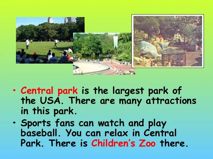 Central park is the largest park of the USA. There are many
