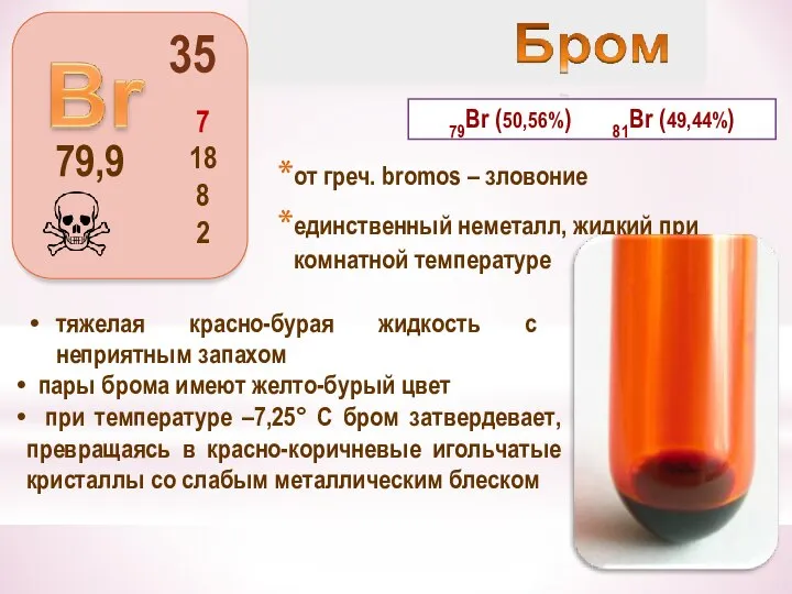 от греч. bromos – зловоние единственный неметалл, жидкий при комнатной температуре 79Вr