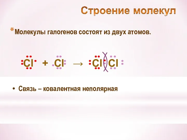 Молекулы галогенов состоят из двух атомов. Связь – ковалентная неполярная