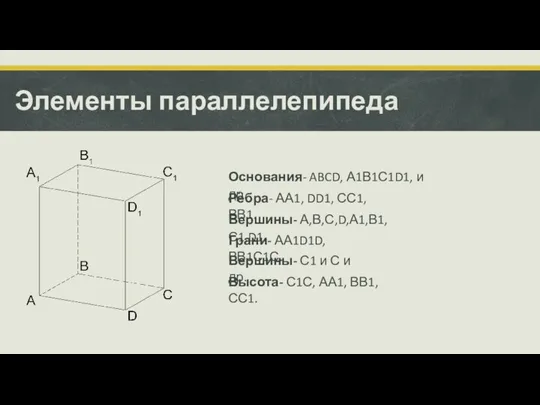 Элементы параллелепипеда Основания- ABCD, А1В1С1D1, и др. Рёбра- АА1, DD1, СС1, ВВ1.