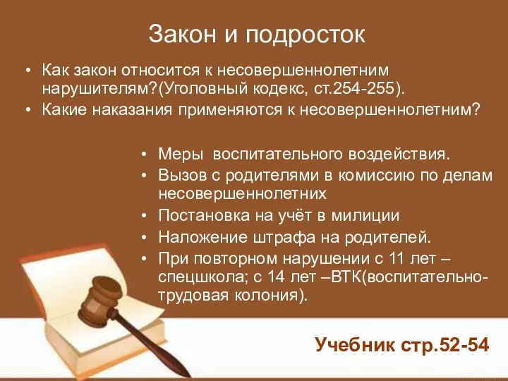 Закон и подросток Как закон относится к несовершеннолетним нарушителям?(Уголовный кодекс, ст.254-255). Какие