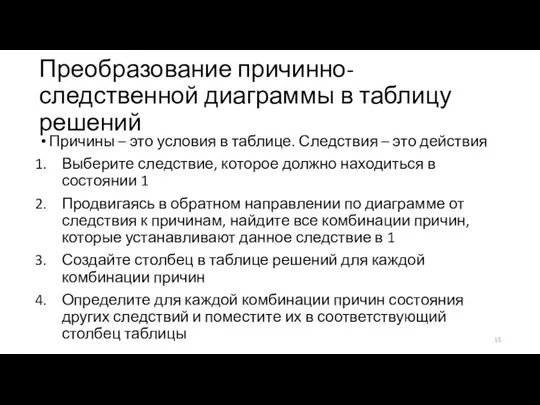 Преобразование причинно-следственной диаграммы в таблицу решений Причины – это условия в таблице.