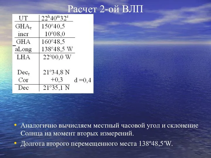 Расчет 2-ой ВЛП Аналогично вычисляем местный часовой угол и склонение Солнца на