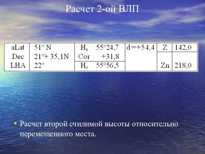 Расчет 2-ой ВЛП Расчет второй счилимой высоты относительно перемещенного места.