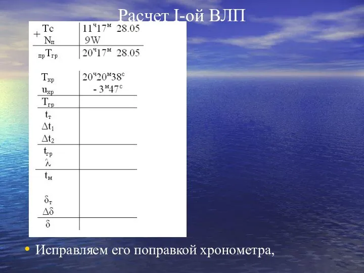 Расчет I-ой ВЛП Исправляем его поправкой хронометра,