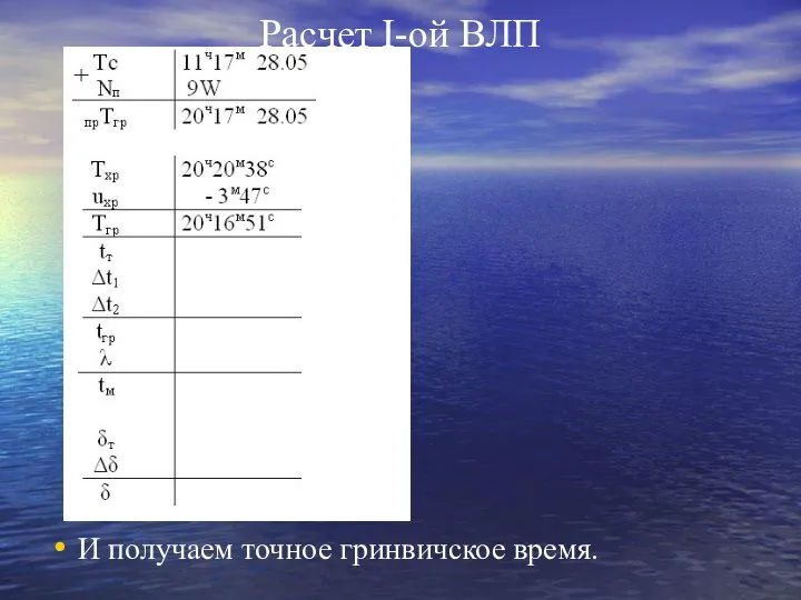 Расчет I-ой ВЛП И получаем точное гринвичское время.