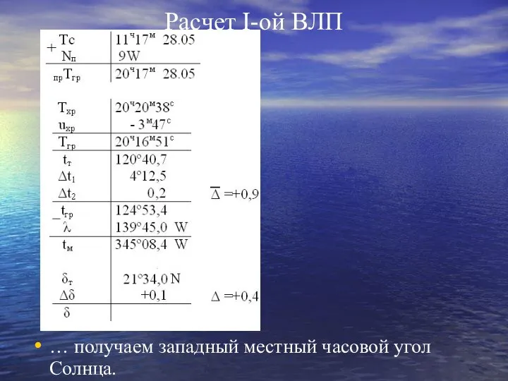 Расчет I-ой ВЛП … получаем западный местный часовой угол Солнца.