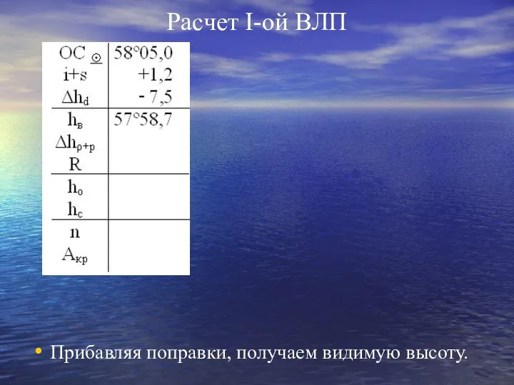 Расчет I-ой ВЛП Прибавляя поправки, получаем видимую высоту.