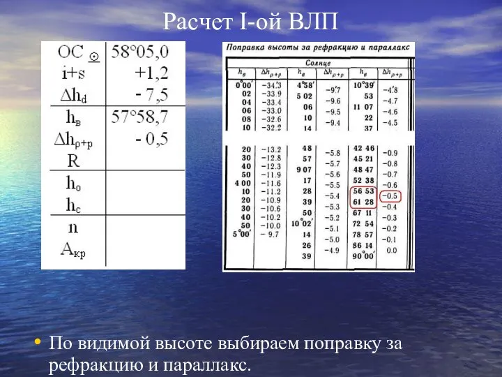 Расчет I-ой ВЛП По видимой высоте выбираем поправку за рефракцию и параллакс.