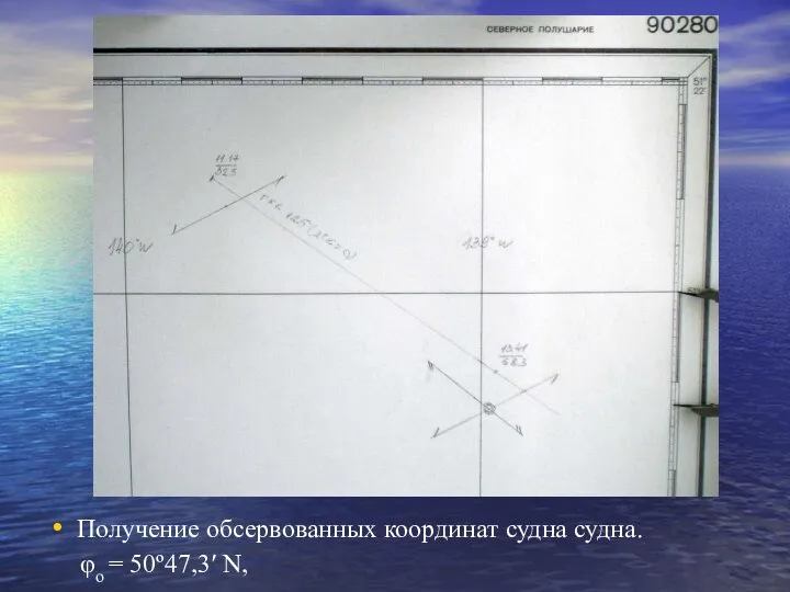 Получение обсервованных координат судна судна. φо = 50º47,3′ N,