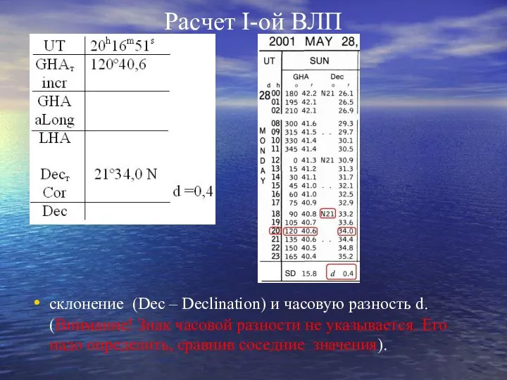 Расчет I-ой ВЛП склонение (Dec – Declination) и часовую разность d. (Внимание!