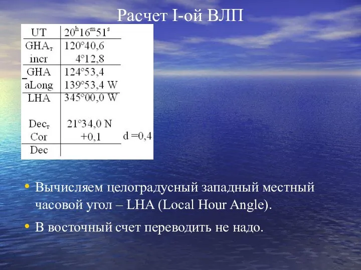 Расчет I-ой ВЛП Вычисляем целоградусный западный местный часовой угол – LHA (Local