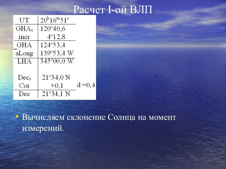 Расчет I-ой ВЛП Вычисляем склонение Солнца на момент измерений.