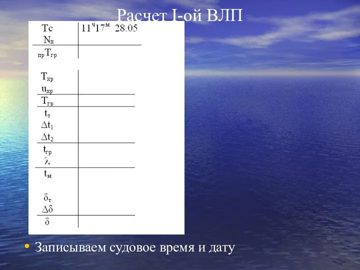 Расчет I-ой ВЛП Записываем судовое время и дату