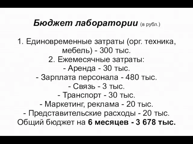 Бюджет лаборатории (в рубл.) 1. Единовременные затраты (орг. техника, мебель) - 300