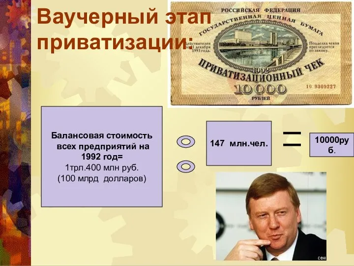 Ваучерный этап приватизации: Балансовая стоимость всех предприятий на 1992 год= 1трл.400 млн