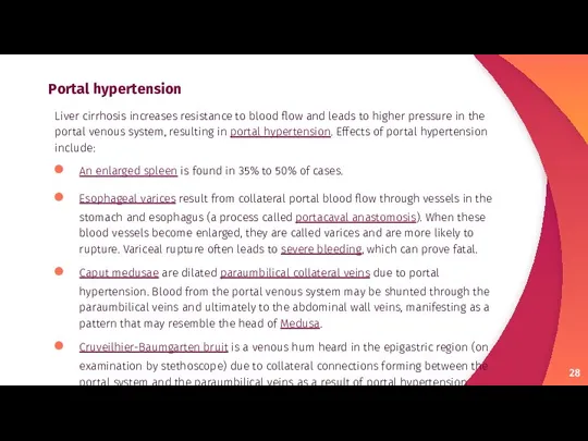 Portal hypertension Liver cirrhosis increases resistance to blood flow and leads to