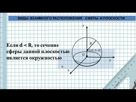 z y x O R α Если d ВИДЫ ВЗАИМНОГО РАСПОЛОЖЕНИЯ СФЕРЫ И ПЛОСКОСТИ