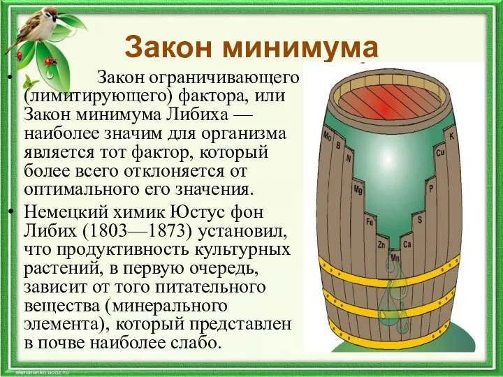 Закон минимума Закон ограничивающего (лимитирующего) фактора, или Закон минимума Либиха —наиболее значим