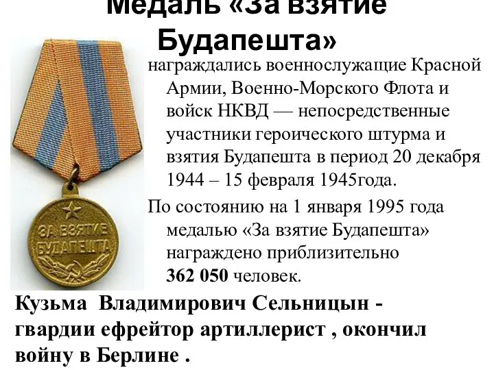 Медаль «За взятие Будапешта» награждались военнослужащие Красной Армии, Военно-Морского Флота и войск