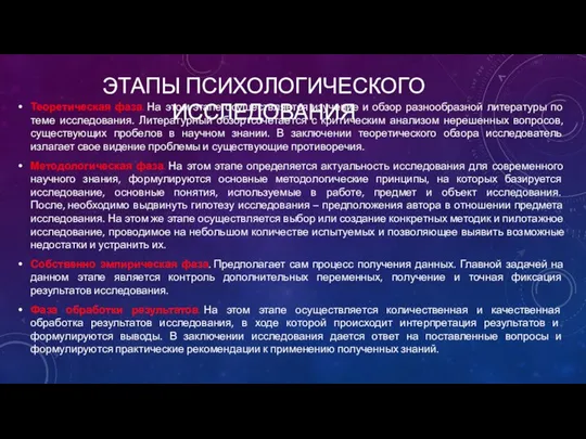 ЭТАПЫ ПСИХОЛОГИЧЕСКОГО ИССЛЕДОВАНИЯ Теоретическая фаза. На этом этапе осуществляется изучение и обзор