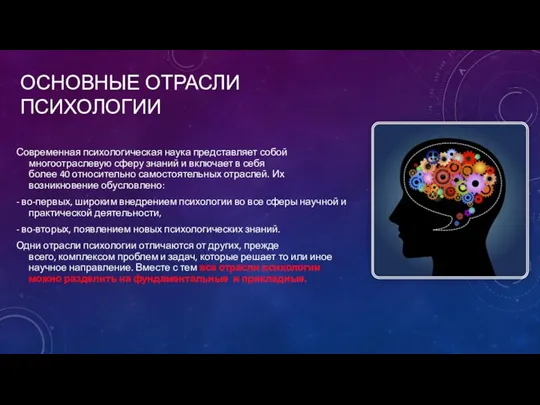 ОСНОВНЫЕ ОТРАСЛИ ПСИХОЛОГИИ Современная психологическая наука представляет собой многоотраслевую сферу знаний и