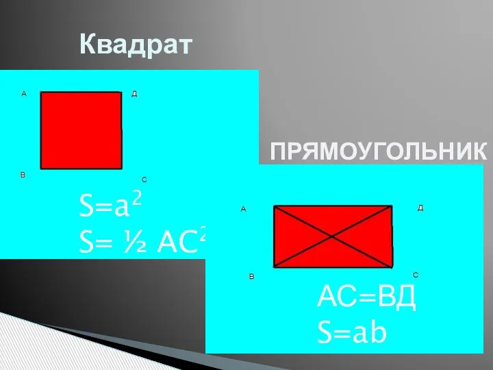 Квадрат S=a2 S= ½ AC2 АС=ВД S=ab ПРЯМОУГОЛЬНИК