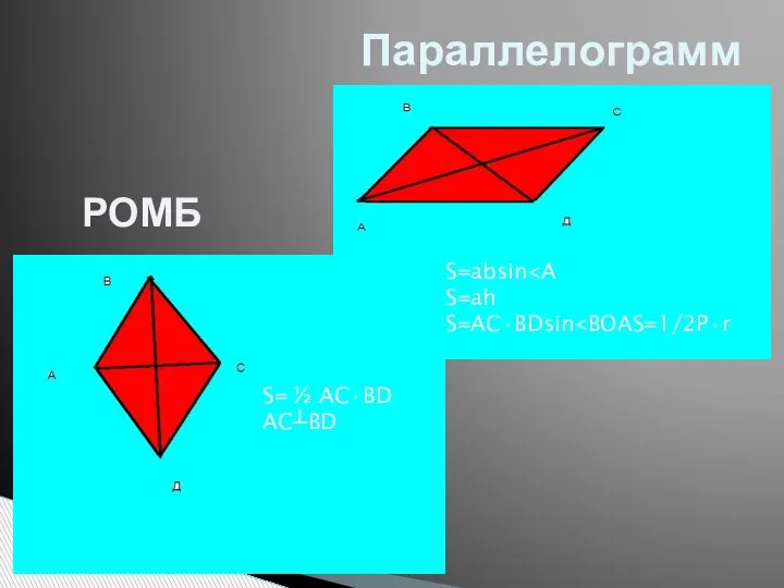 Параллелограмм S=absin S=ah S=AC•BDsin S= ½ AC•BD AC┴BD РОМБ