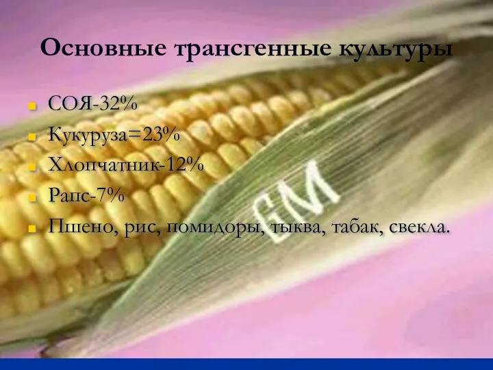 Основные трансгенные культуры СОЯ-32% Кукуруза=23% Хлопчатник-12% Рапс-7% Пшено, рис, помидоры, тыква, табак, свекла.