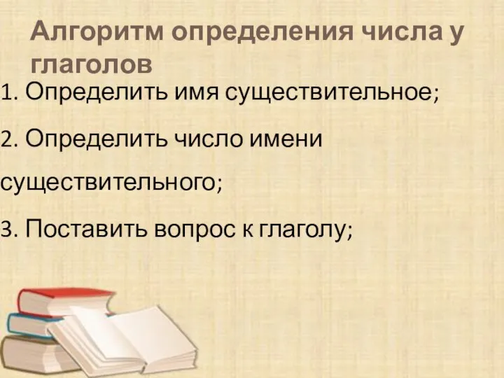 Алгоритм определения числа у глаголов 1. Определить имя существительное; 2. Определить число