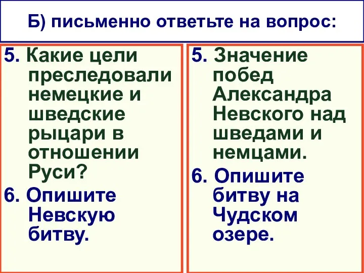 5. Какие цели преследовали немецкие и шведские рыцари в отношении Руси? 6.