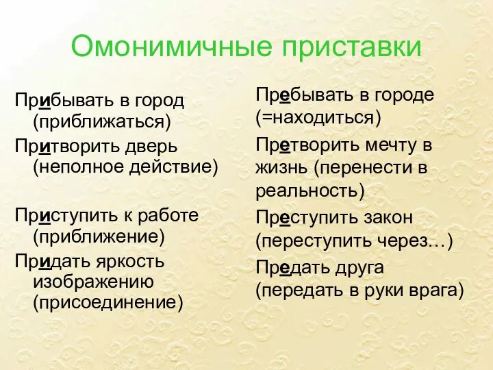 Омонимичные приставки Прибывать в город (приближаться) Притворить дверь (неполное действие) Приступить к