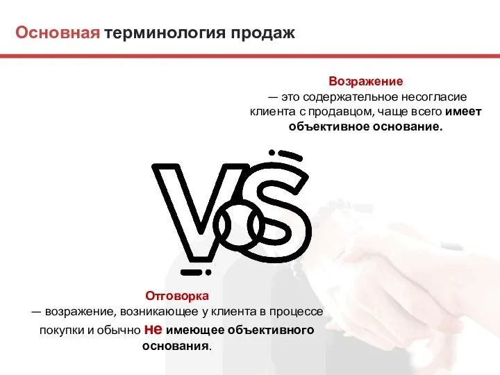 Основная терминология продаж Отговорка — возражение, возникающее у клиента в процессе покупки