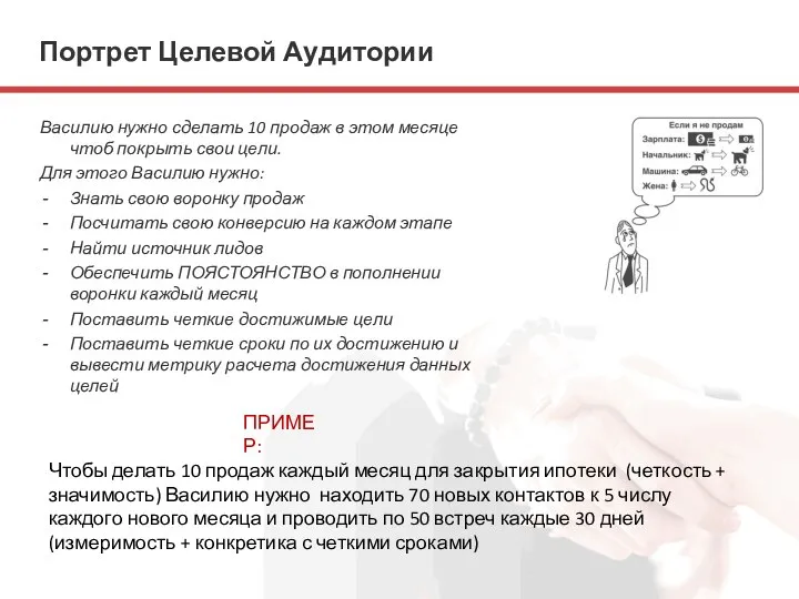 Василию нужно сделать 10 продаж в этом месяце чтоб покрыть свои цели.