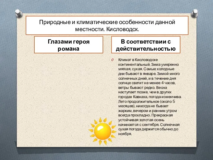 Природные и климатические особенности данной местности. Кисловодск. Глазами героя романа В соответствии