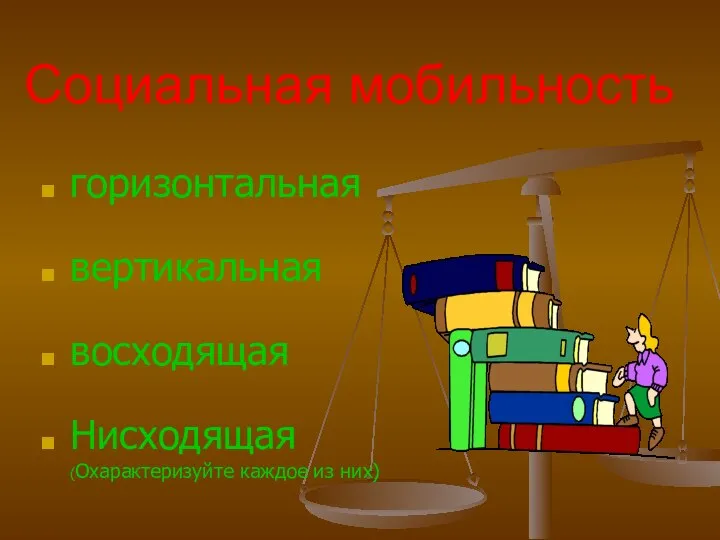 Социальная мобильность горизонтальная вертикальная восходящая Нисходящая (Охарактеризуйте каждое из них)