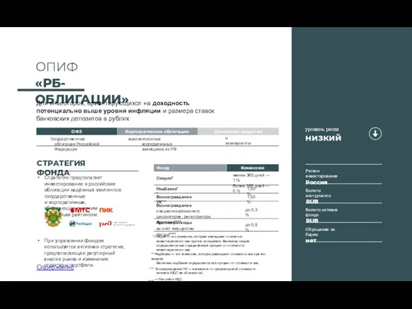 Стратегия предполагает инвестирование в российские облигации надёжных эмитентов: государственные и корпоративные, обладающие