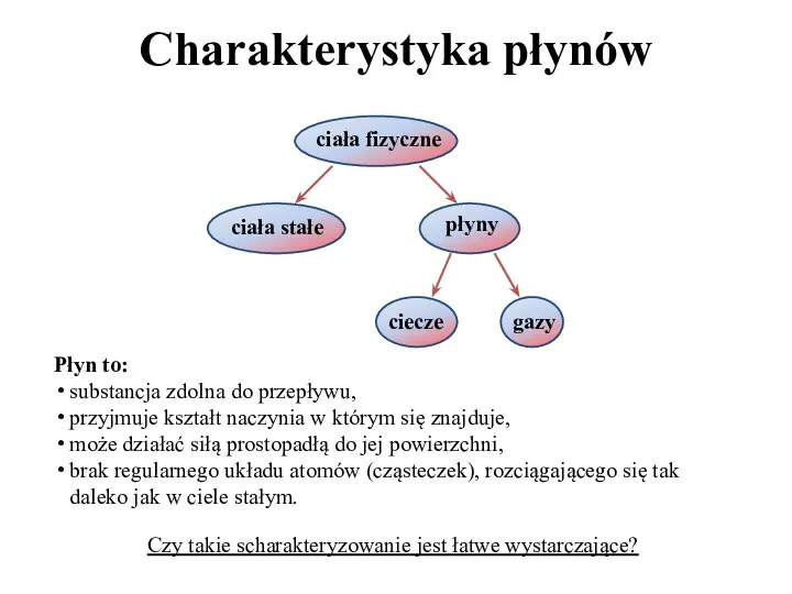 Charakterystyka płynów Płyn to: substancja zdolna do przepływu, przyjmuje kształt naczynia w