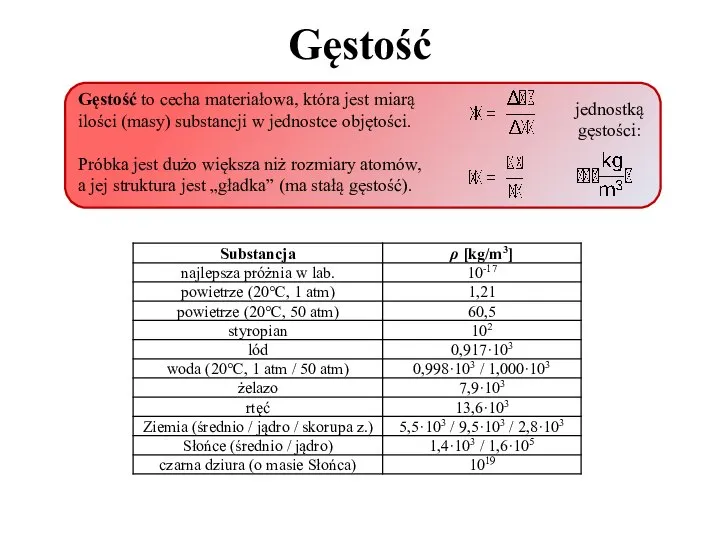 Gęstość Gęstość to cecha materiałowa, która jest miarą ilości (masy) substancji w