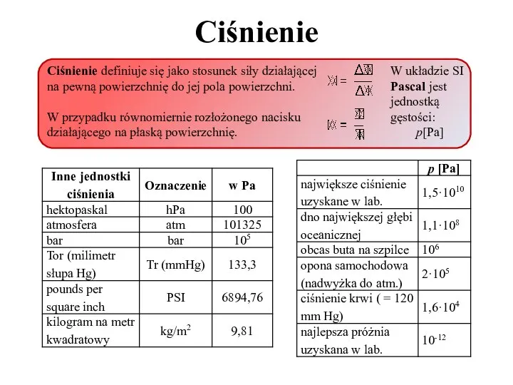 Ciśnienie Ciśnienie definiuje się jako stosunek siły działającej na pewną powierzchnię do