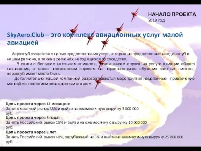 НАЧАЛО ПРОЕКТА 2019 год SkyAero.Club – это комплекс авиационных услуг малой авиацией