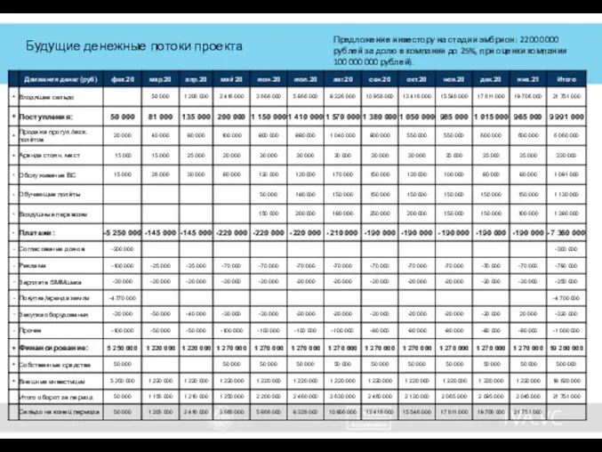 Будущие денежные потоки проекта Предложение инвестору на стадии эмбрион: 22 000 000