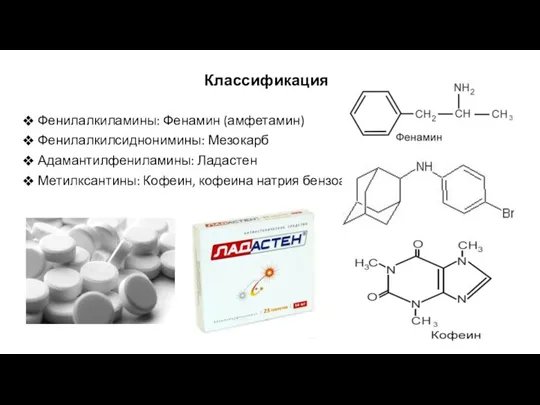 Фенилалкиламины: Фенамин (амфетамин) Фенилалкилсиднонимины: Мезокарб Адамантилфениламины: Ладастен Метилксантины: Кофеин, кофеина натрия бензоат Классификация