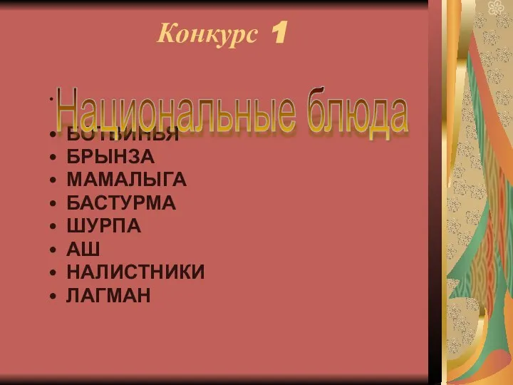 Конкурс 1 БОТВИНЬЯ БРЫНЗА МАМАЛЫГА БАСТУРМА ШУРПА АШ НАЛИСТНИКИ ЛАГМАН Национальные блюда