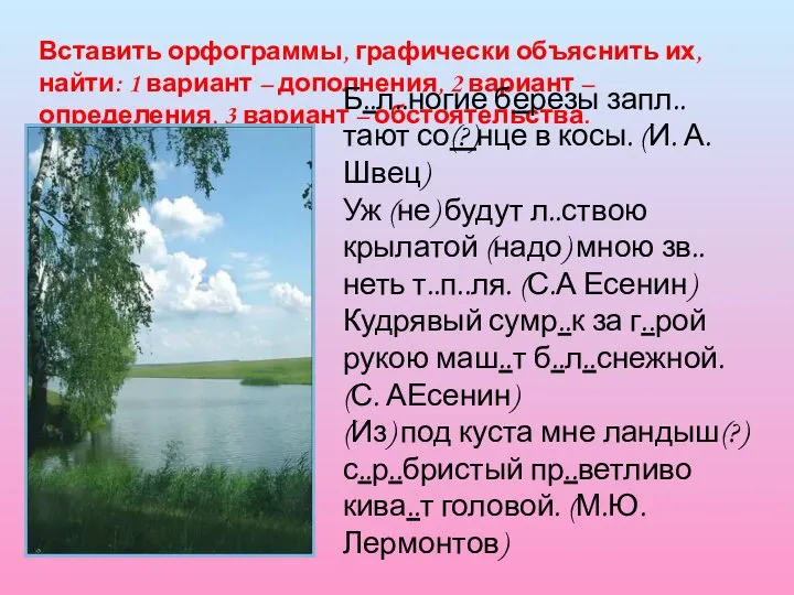 Вставить орфограммы, графически объяснить их, найти: 1 вариант – дополнения, 2 вариант