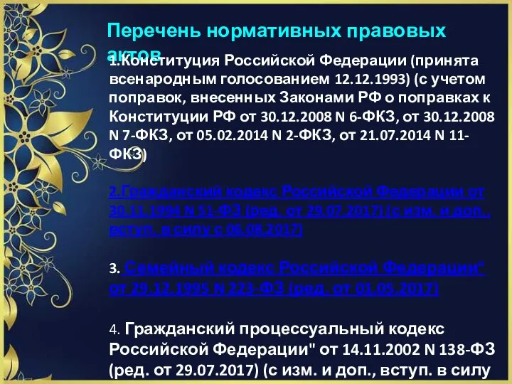 Перечень нормативных правовых актов 1.Конституция Российской Федерации (принята всенародным голосованием 12.12.1993) (с