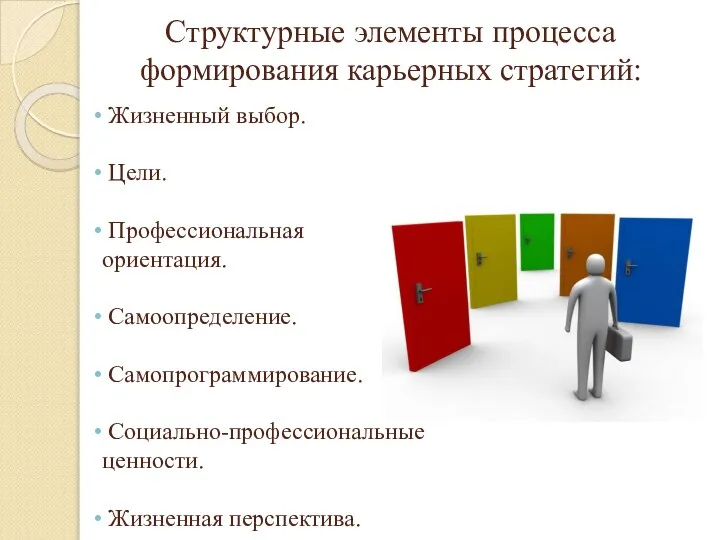 Структурные элементы процесса формирования карьерных стратегий: Жизненный выбор. Цели. Профессиональная ориентация. Самоопределение.