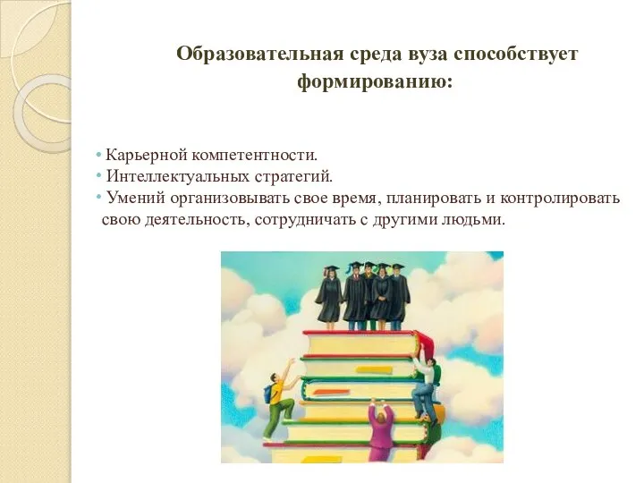 Образовательная среда вуза способствует формированию: Карьерной компетентности. Интеллектуальных стратегий. Умений организовывать свое